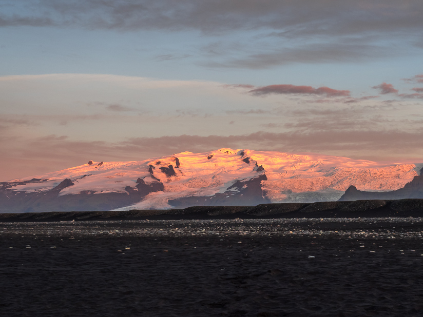 Sunrise over glacier seen from Ice Beach, South East Region